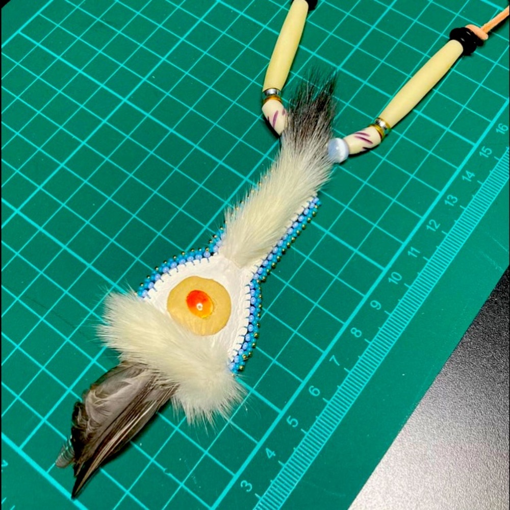 White Deer Leather Fire Opal Smudge Fan Necklace Beaded Beadwork Bead Embroidery